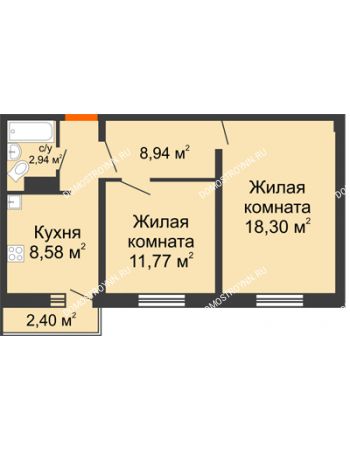 2 комнатная квартира 51,25 м² в ЖК Торпедо, дом № 16