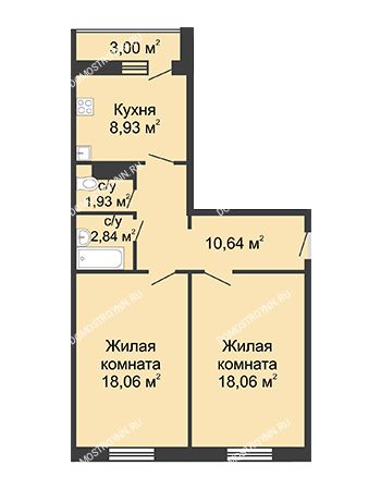 2 комнатная квартира 61,96 м² в ЖК Бурнаковский, дом № 38