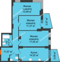3 комнатная квартира 76,54 м² в ЖК Город у реки, дом Литер 7 - планировка