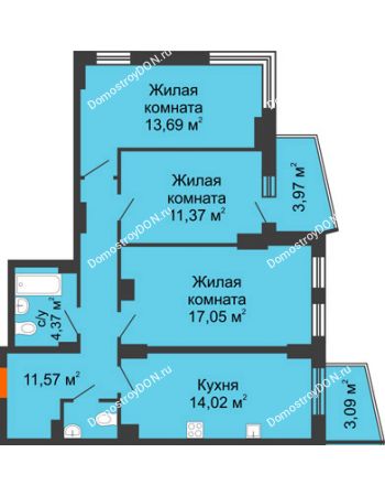 3 комнатная квартира 76,54 м² в ЖК Город у реки, дом Литер 8