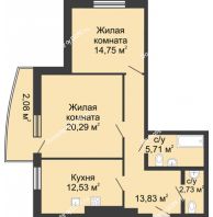 2 комнатная квартира 74,8 м² в ЖК Тихий Дон, дом № 3 - планировка