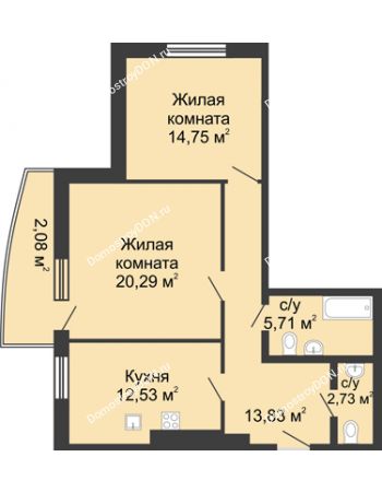 2 комнатная квартира 74,8 м² в ЖК Тихий Дон, дом № 3