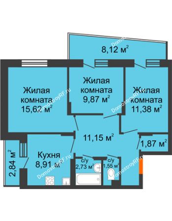 3 комнатная квартира 68,56 м² - ЖД Кислород
