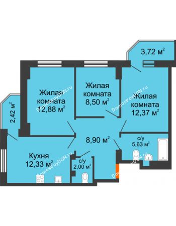 3 комнатная квартира 64,94 м² в ЖК Свобода, дом №2