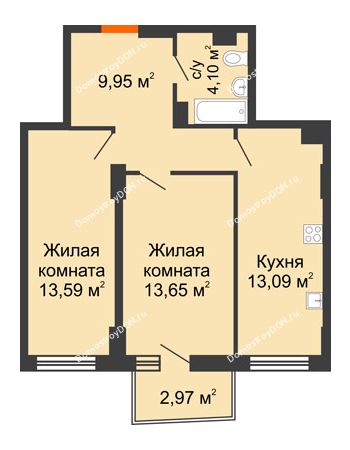 2 комнатная квартира 55,43 м² в ЖК Город у реки, дом Литер 7