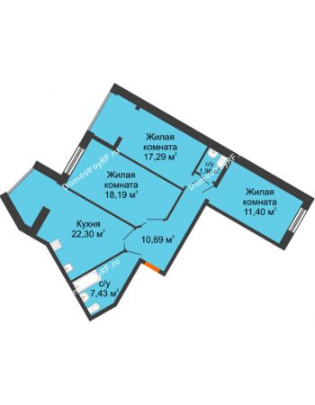 3 комнатная квартира 89,26 м² в ЖК Бунина парк, дом 3 этап, блок-секция 3 С