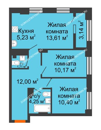 3 комнатная квартира 58,94 м² - ЖК Каскад на Сусловой