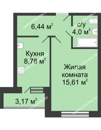 1 комнатная квартира 36,42 м² в ЖК Удачный, дом № 4