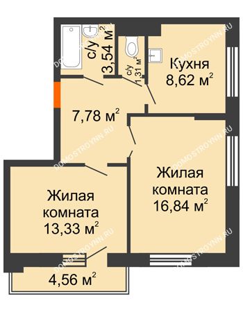 2 комнатная квартира 53,7 м² - ЖД по ул. Сухопутная