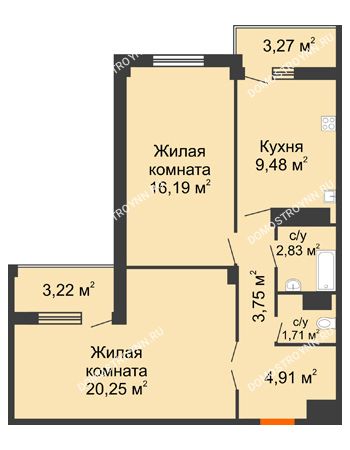 2 комнатная квартира 62,37 м² - ЖД по ул. Матросова (Арзамас)