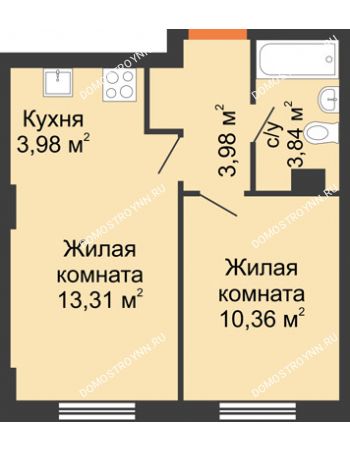 2 комнатная квартира 35,47 м² - ЖК Каскад на Ленина