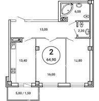 2 комнатная квартира 64,9 м² в ЖК Лебедь, дом № 50 - планировка