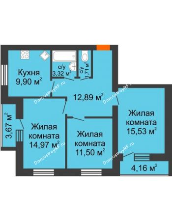 3 комнатная квартира 73,42 м² в ЖК БелПарк, дом 2 очередь