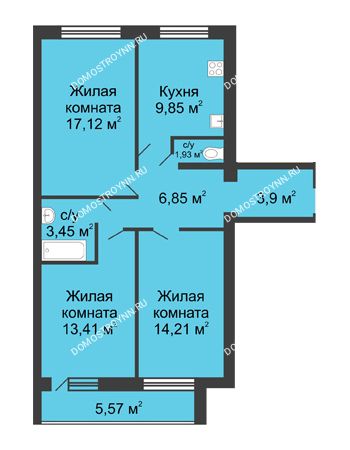 3 комнатная квартира 71,73 м² в ЖК Удачный, дом № 3