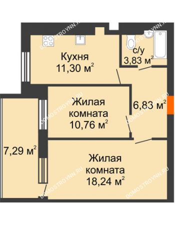 2 комнатная квартира 54,61 м² в ЖК Свобода, дом 1 очередь