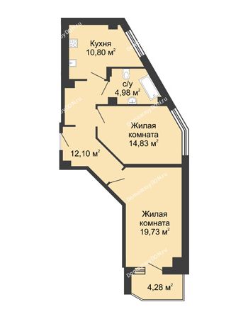 2 комнатная квартира 64,58 м² в ЖК Мега, дом № 116, секция 1
