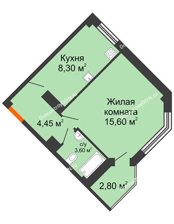 1 комнатная квартира 34,4 м² в ЖК Донские Просторы, дом Позиция 1