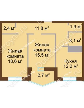 2 комнатная квартира 68,2 м² в ЖК Монолит, дом № 89, корп. 1, 2