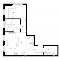 2 комнатная квартира 57,6 м² в ЖК Савин парк, дом корпус 6 - планировка