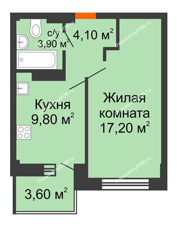 1 комнатная квартира 38,6 м² в ЖК Екатерининский, дом № 2б