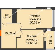 2 комнатная квартира 54,75 м² в ЖК Столичный, дом корпус А, блок-секция 1,2,3 - планировка
