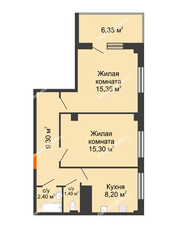 2 комнатная квартира 54,6 м² в ЖК Грин Парк, дом Литер 1