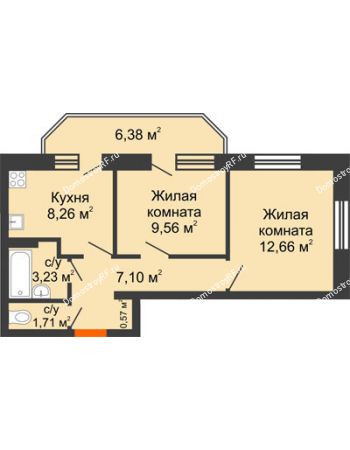 2 комнатная квартира 46,28 м² в ЖК Галактика, дом Секция Гамма