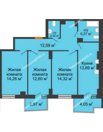 3 комнатная квартира 77,08 м² в ЖК Сердце Ростова 2, дом Литер 8