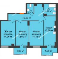 3 комнатная квартира 77,08 м² в ЖК Сердце Ростова 2, дом Литер 8 - планировка