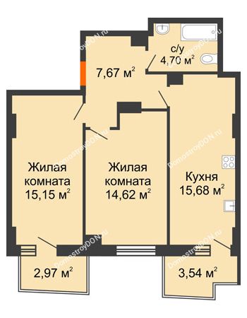 2 комнатная квартира 59,71 м² в ЖК Сердце Ростова 2, дом Литер 8