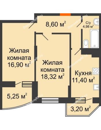 2 комнатная квартира 63,78 м² в ЖК Россинский парк, дом Литер 2