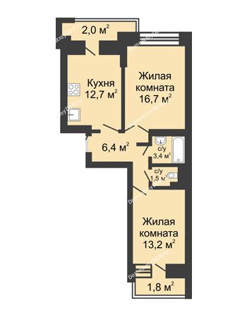 2 комнатная квартира 56,1 м² в ЖК Династия, дом Литер 1