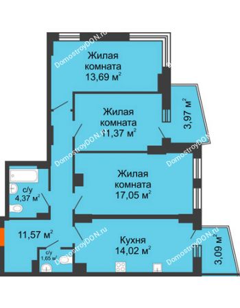 3 комнатная квартира 76,44 м² в ЖК Сердце Ростова 2, дом Литер 8