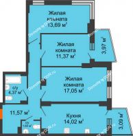 3 комнатная квартира 76,44 м² в ЖК Сердце Ростова 2, дом Литер 8 - планировка